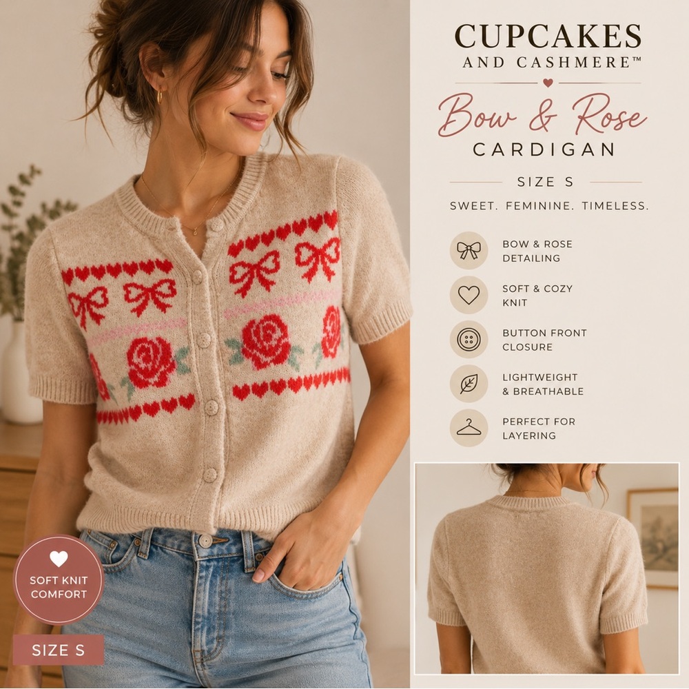 Cupcakes and Cashmere Bow & Rose Cardigan Sweater Size S | Soft Knit Cute